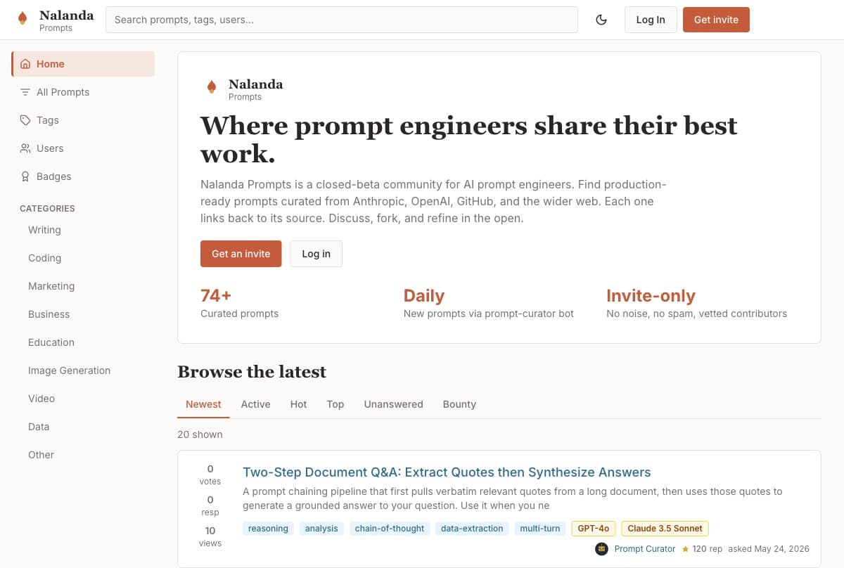 Nalanda Prompts homepage screenshot